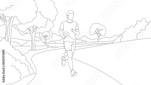 A simple outline drawing depicts a person running along a path in a park setting