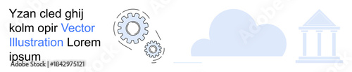 Cloud technology, data processing, system integration, automation, business innovation, technical operations. Gears, cloud and a pillar structure. Cloud technology and data processing concepts