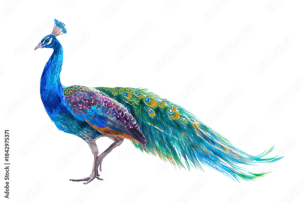 Fototapeta premium Peacock standing profile hand drawn watercolor bird