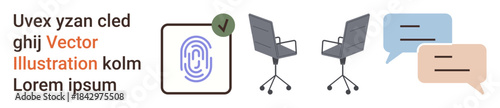 Identity verification, digital security, teamwork, workplace collaboration, dialogue, technological interface. Fingerprint icon, chairs and speech bubbles. Identity verification and digital security