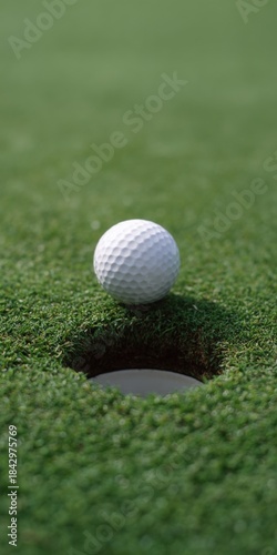 Golf ball poised at hole on green grass close-up