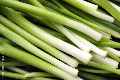 Quadro su tela Many fresh green onions as background, top view