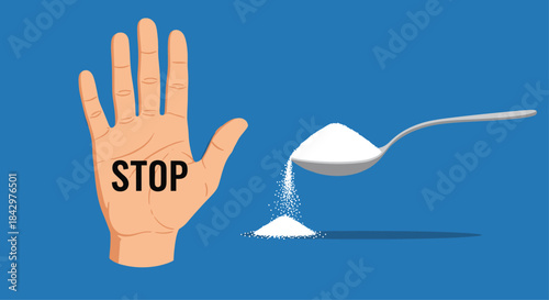 Conceptual illustration showing hand with a stop and sugar, representing diet.