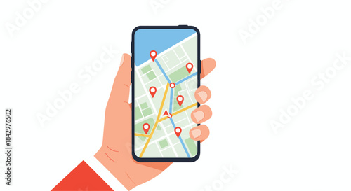 Navigating the city with a smartphone showing location markers on a map.