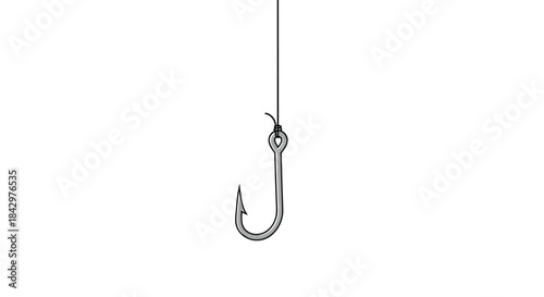 A metal fishing hook hanging from a line.