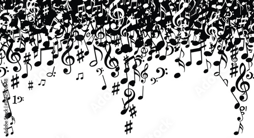 A black and white image of musical notes falling from above.