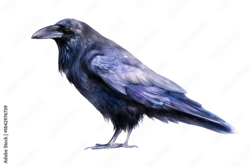Fototapeta premium Common Raven hand drawn watercolor intelligent black bird