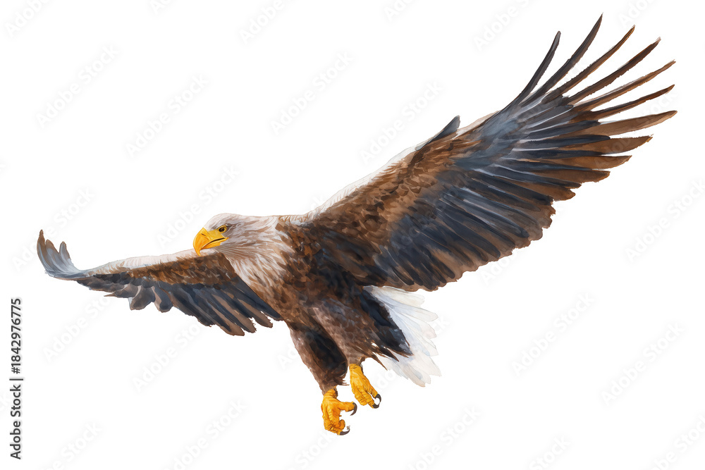 Fototapeta premium Soaring White-tailed Eagle hand drawn watercolor raptor