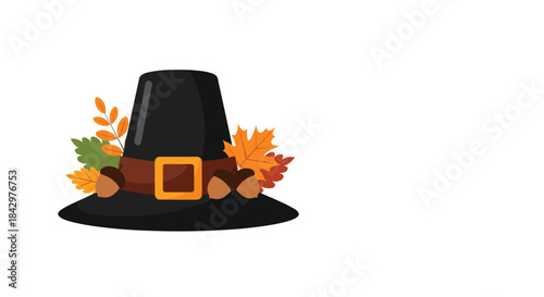 A pilgrim hat decorated with leaves and acorns.