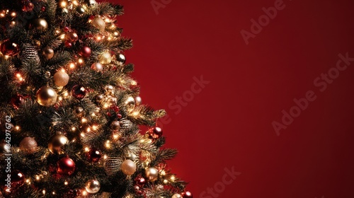 Festive Christmas Tree With Warm Lights and Red Ornaments Against Rich Red Backdrop, Perfect For Holiday Promotions, Family Moments, And Seasonal Decor