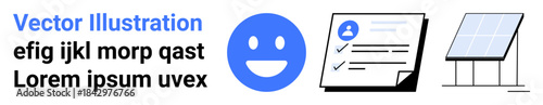 Renewable energy, identity verification, digital documents, solar power, checklist management, and positive emotion. Blue happy face, document icon and solar panel graphic. Renewable energy