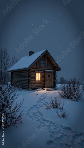 Snow-covered log cabin glows warmly under a starlit night sky, surrounded by frost-bitten branches and untouched, glistening snow in a peaceful winter landscape