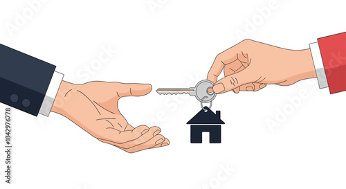 A hand giving the key of a home to another hand.