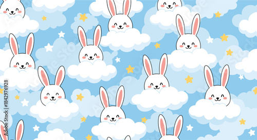 A seamless pattern featuring rabbits in clouds.