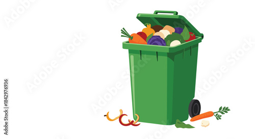 A full green trash bin with food waste.
