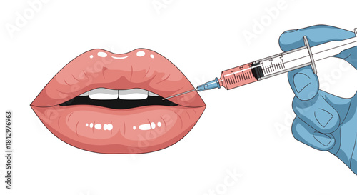 Lip augmentation injection with a syringe.