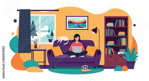 A person sitting on a sofa and working on a laptop in a cozy home.