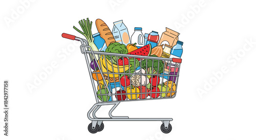 A shopping cart filled with groceries.