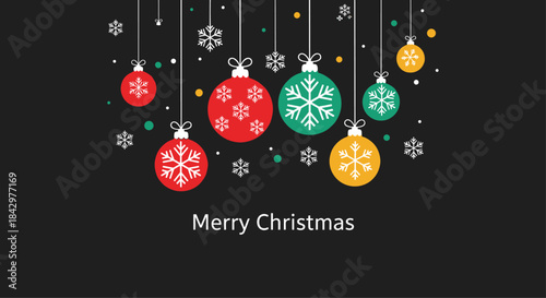 Christmas ornaments with snow and the text merry christmas.