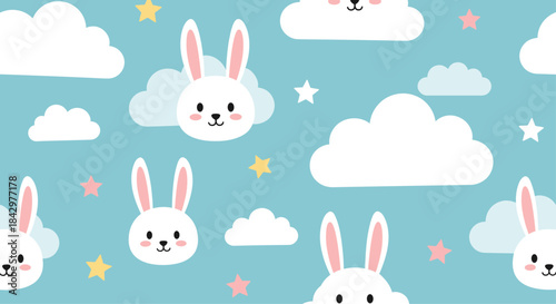 A seamless background featuring cartoon rabbits in clouds.