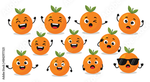 Set of cartoon oranges with emotive facial expressions, illustrating mood.