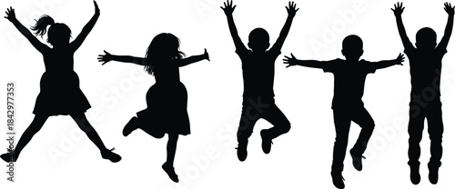 "Jumping children silhouette, playful pose illustration, expressive movement design, black and white graphic, joyful moment, childhood activity concept"