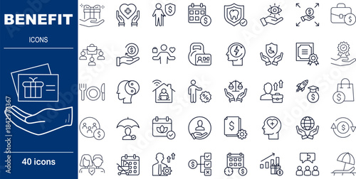 40 Line Style Benefit Icons Employee Rewards, Insurance and Corporate Wellness Program Symbols
