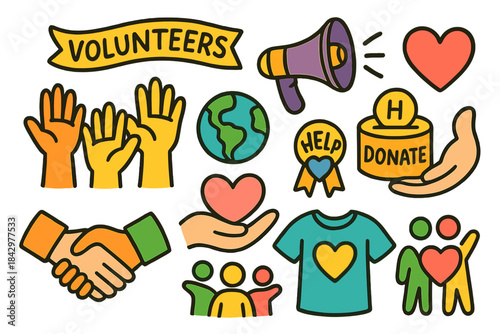 Community support flat icon set. featuring volunteers, charity, heart, donation, globe, team, and handshake symbols