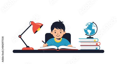 Young student studying at a desk with books and a globe, focused on school.