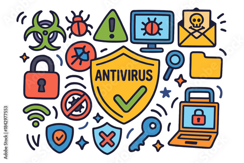 Antivirus security flat icon set. featuring virus, shield, bug, warning, lock, email, folder, and laptop symbols