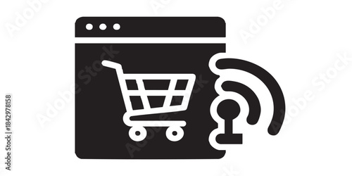 Website of store solid icon, cyber monday concept. Vector graphics. Page with shopping cart and internet access, network sign on white background, style icon mobile or web design.