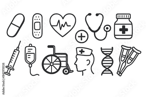 Healthcare linear icon set. featuring pill, bandage, heart, stethoscope, medicine, syringe, iv, wheelchair