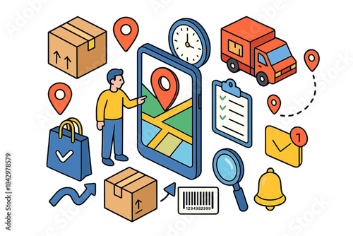 Logistics and delivery flat icon set. featuring location, truck, boxes, map, barcode, magnifying glass, bell, clipboard.
