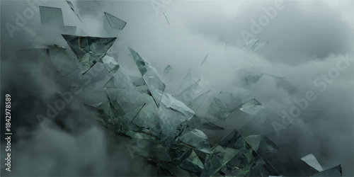 Misty morning landscape of blue and white winter mountains with frozen water and clouds