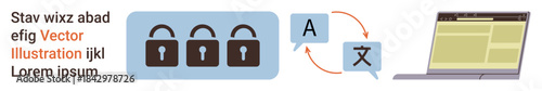 Cybersecurity, language translation, data protection, online communication, information access, technology integration. Locked padlocks, language icons and laptop display. Cybersecurity and language