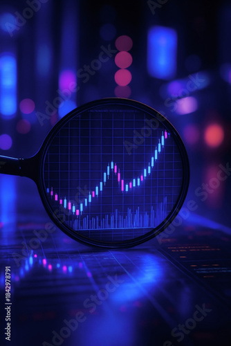 Illustration showing a growth chart under a magnifying glass in neon blue and purple tones. A symbol of financial analysis, investment, and modern digital technology.