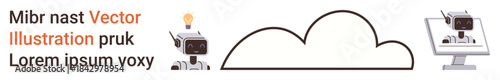 Technology, innovation, cloud computing, AI concepts, digital solutions, robotics. Two robots, a cloud symbol and a computer screen. Cloud computing and innovation with tech visuals