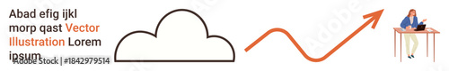 Business strategy, cloud technology, growth analysis, remote work, progress tracking, data management. Cloud shape, upward arrow person at desk on a laptop. Cloud technology and growth analysis