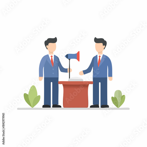 Agreement Illustration: Two Business People Shaking Hands Over a Table with a Loudspeaker
