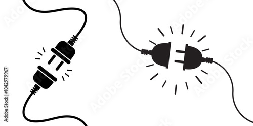 Connection Lost or 404 Error Concept, Disconnected Electric Plugs with Sparks Vector Illustration
