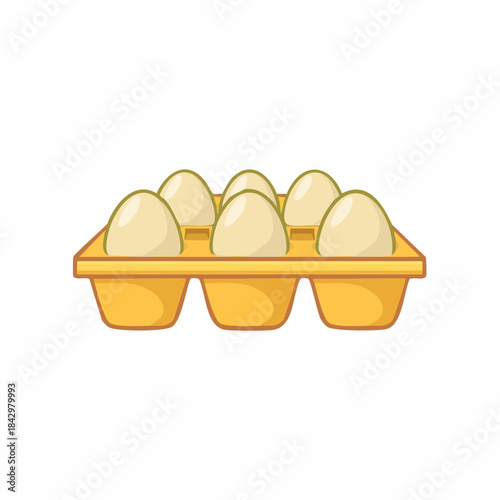 Six eggs in an open yellow cardboard container for sale and purchase