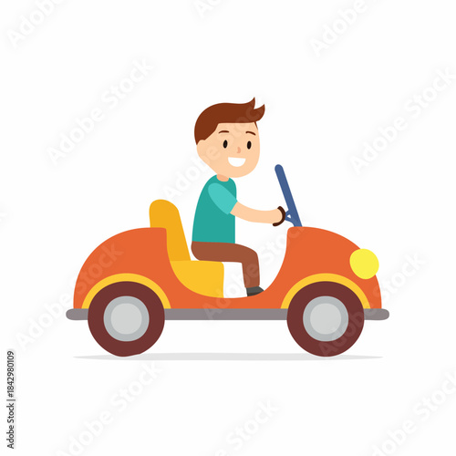 Smiling boy enjoys driving an orange toy car. Carefree child plays with ride-on car in cartoon style illustration.