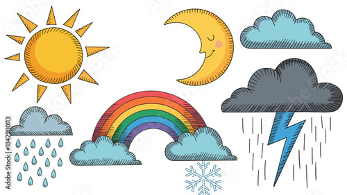 Cartoon Weather Icons Including Sun, Moon, Rainbow, Clouds, Rain, Snow, and Lightning crescent moon