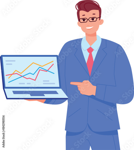 Businessman pointing on screen with financial chart. Young work manager