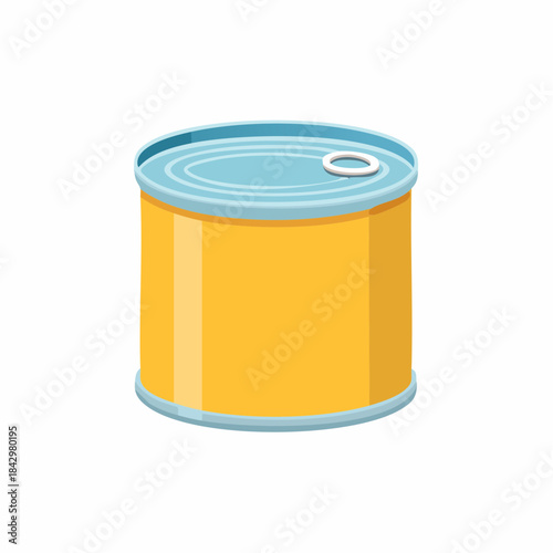 Metal food can with pull tab. Canned food container. Yellow tin container for food, preserves, or ingredients. Sealed and airtight can.