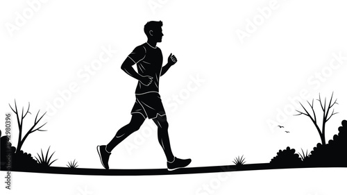 A silhouette of a man running outdoors surrounded by a minimalist landscape design
