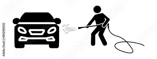 Vector icon depicting a person washing a car with a pressure washer, representing a car cleaning or washing service, commonly used for vehicle maintenance and care.