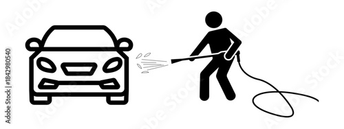 A vector icon showing a person cleaning a car with a pressure washer, ideal for representing car wash services, auto detailing, or vehicle maintenance.