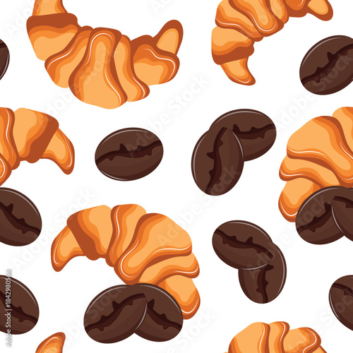 seamless pattern with French croissants with coffee beans next to them scattered randomly, for menus and various food designs