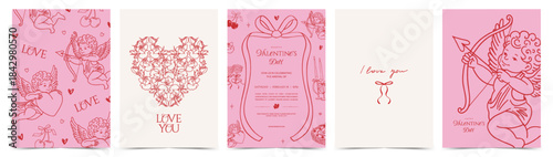 Vintage Valentine’s Day card set with heart of roses, Cupid doodles, bows and romantic line art illustrations. Elegant coquette template for poster, invitation, menu, celebration, branding, labels
